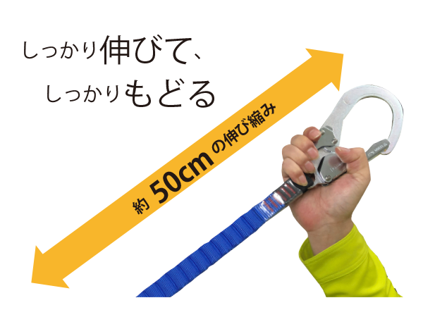 しっかり伸びて、しっかり戻る。約50cmの伸び縮み説明図